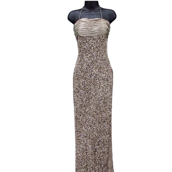 La Scala Gown, Sz. Small, Sequin Beaded Halter, Slit Beige Chrome, formal READ - Picture 3 of 16